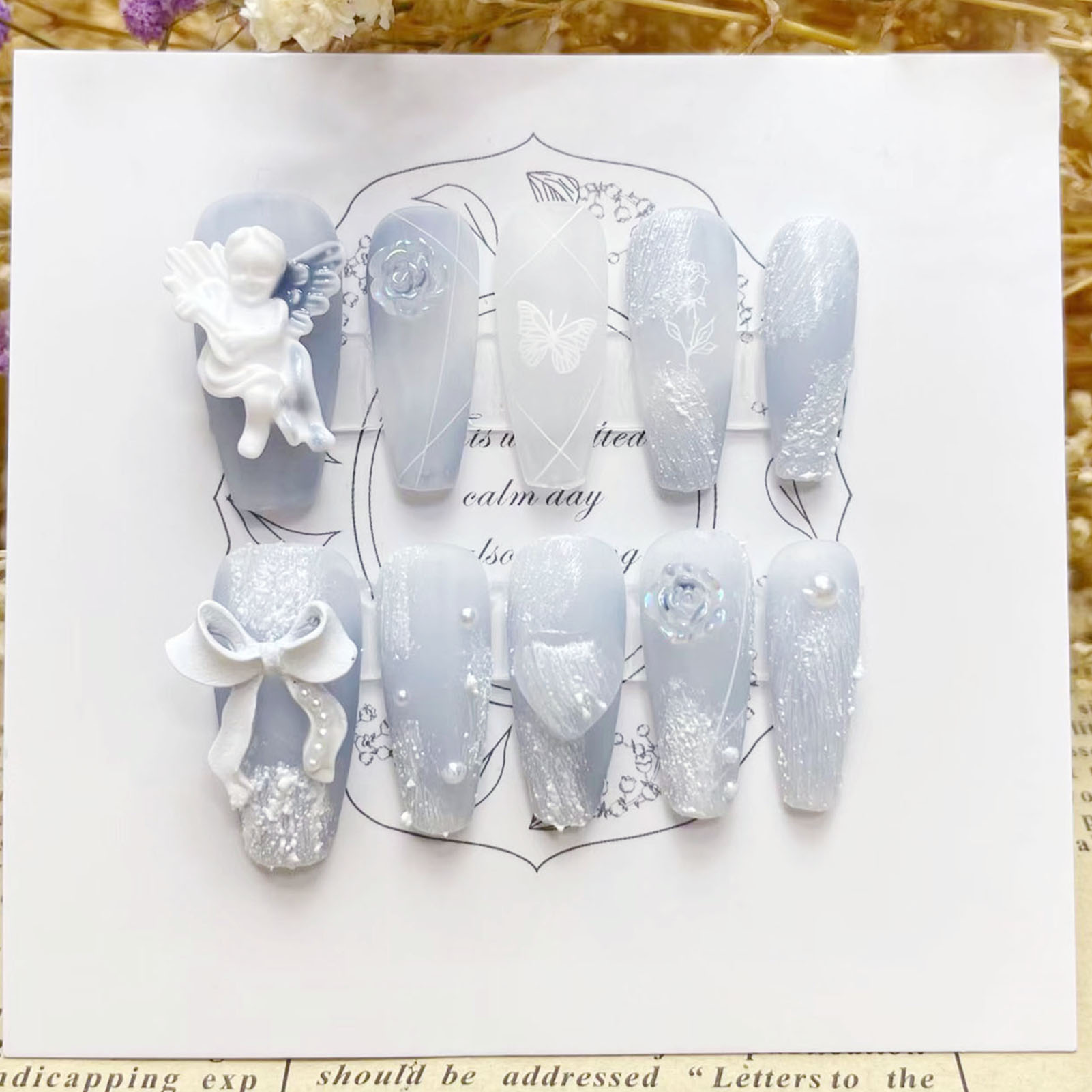 Pressed Flower Art - 3D tynk anioł sztuczne paznokcie błyszcząca